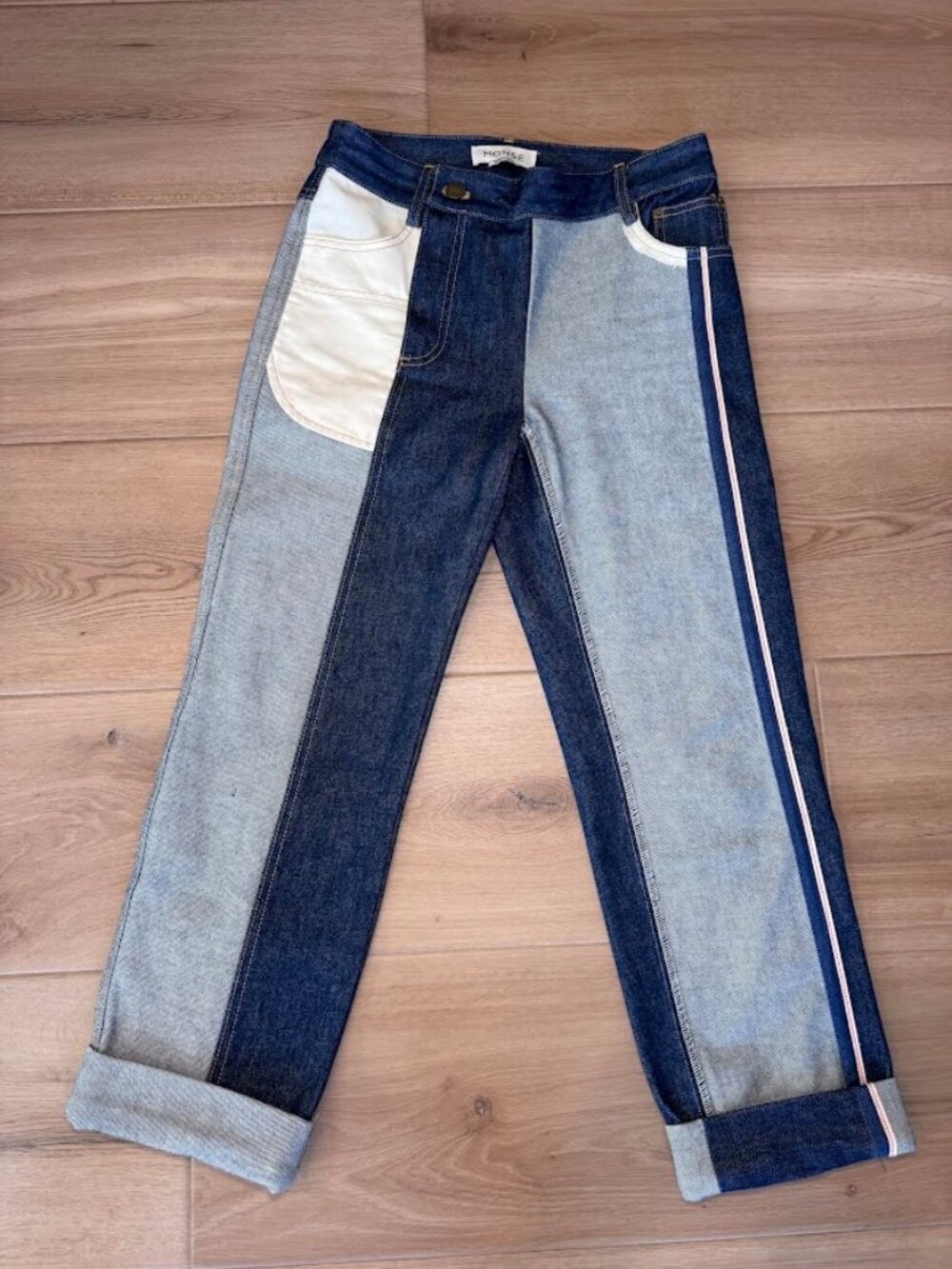 NWOT MONSE Deconstructed Patchwork Colorblock Selvedge Jeans 2 Medium Wash
